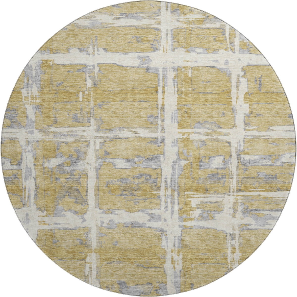 662774 8 ft. Gold Ivory & Gray Striped Transitional Washable Round Area Rug with UV Protection
