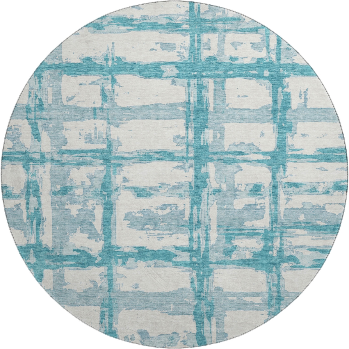662822 8 ft. Teal & Ivory Striped Transitional Washable Round Area Rug with UV Protection