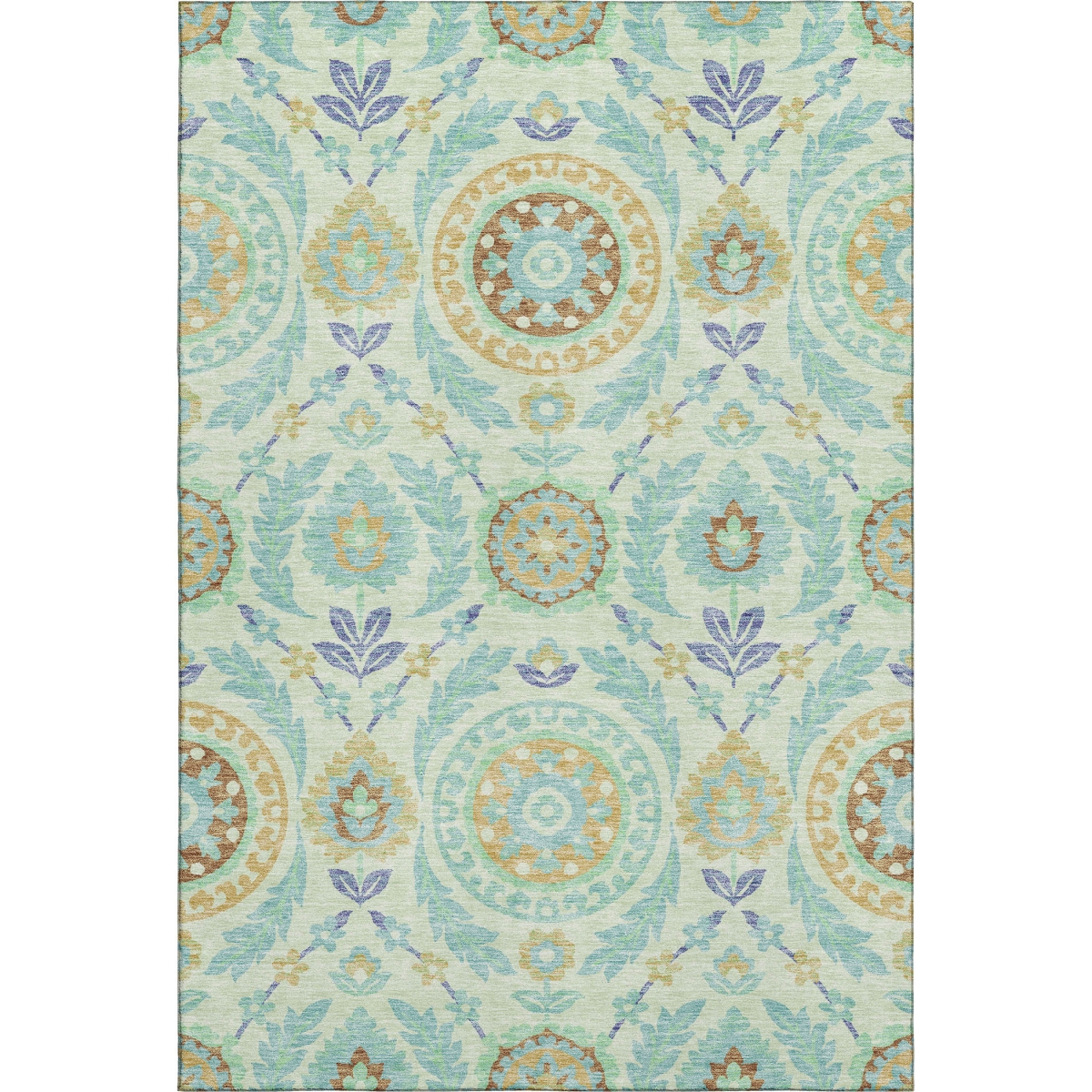 663211 5 x 8 ft. Mint Green Blue & Beige Floral Washable Machine Made Rectangle Area Rug with UV Protection