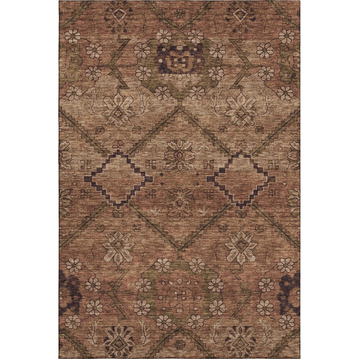 667254 5 x 8 ft. Rust & Copper Floral Washable Machine Made Rectangle Area Rug with UV Protection