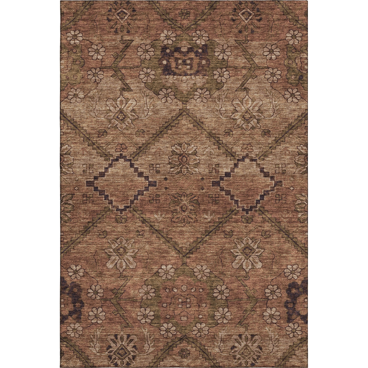 667257 9 x 12 ft. Rust & Copper Floral Washable Machine Made Rectangle Area Rug with UV Protection