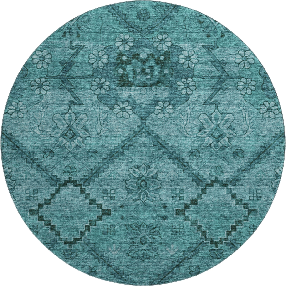 667261 8 ft. Teal & Gray Floral Transitional Washable Round Area Rug with UV Protection