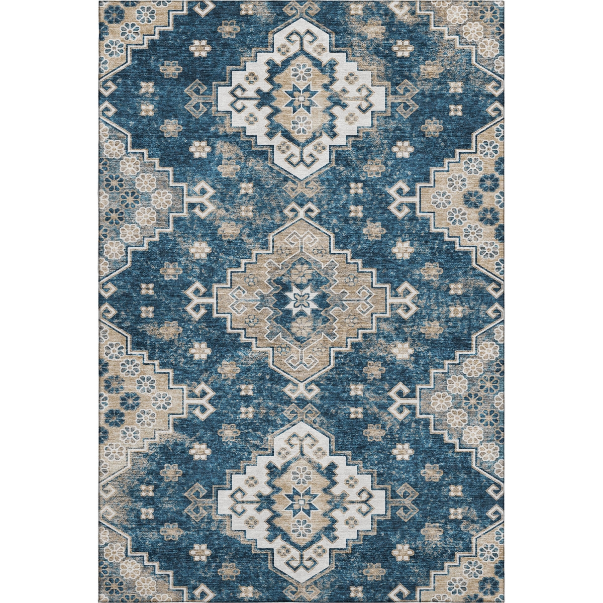 667380 5 x 8 ft. Navy Blue, Ivory & Beige Medallion Traditional Washable Machine Made Rectangle Area Rug with UV Protection