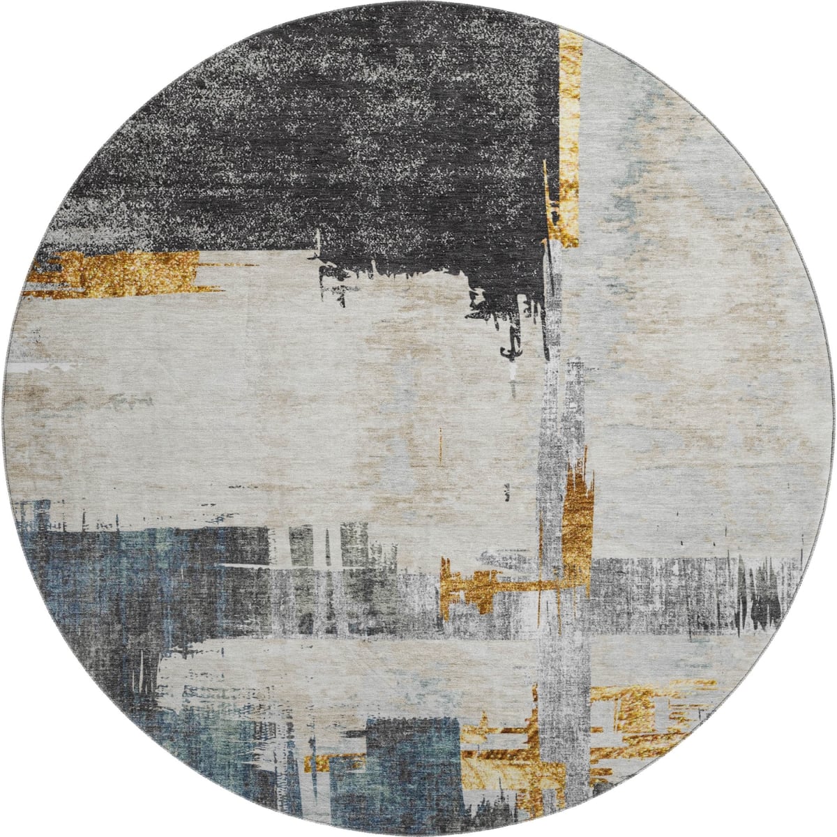 652686 8 ft. Charcoal Ivory & Gold Abstract Washable Round Area Rug with UV Protection