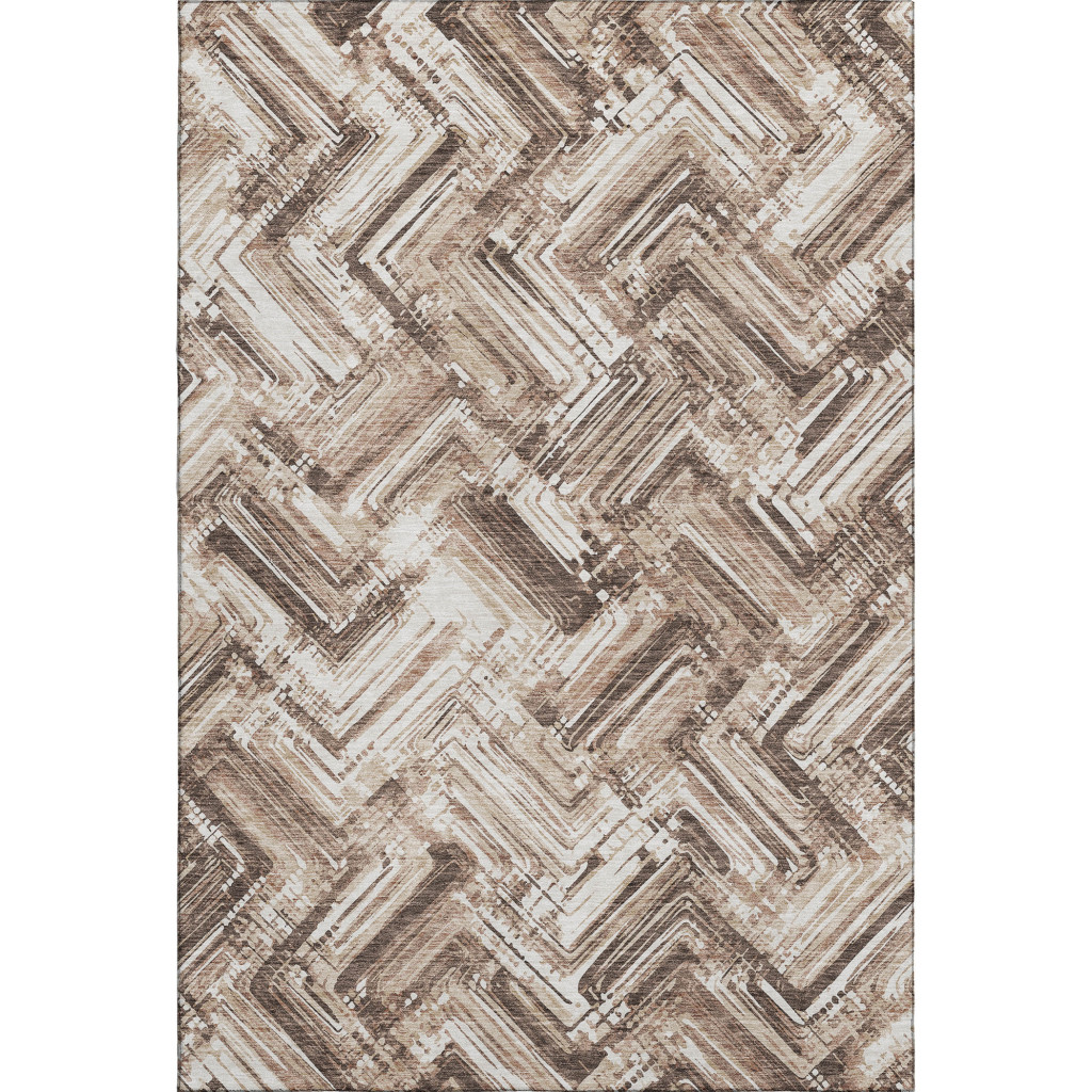 652880 9 x 12 ft. Brown & Ivory Chevron Washable Machine Made Rectangle Area Rug with UV Protection