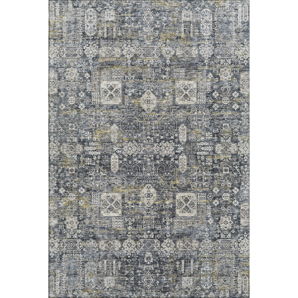 653367 9 x 12 ft. Charcoal Ivory & Gold Floral Washable Machine Made Rectangle Area Rug with UV Protection