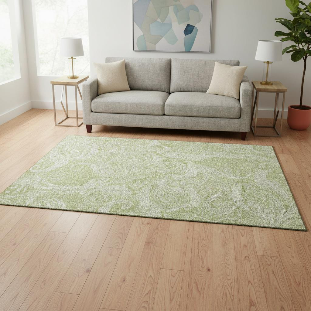 654628 5 x 8 ft. Artichoke Green & Ivory Paisley Washable Machine Made Rectangle Area Rug with UV Protection