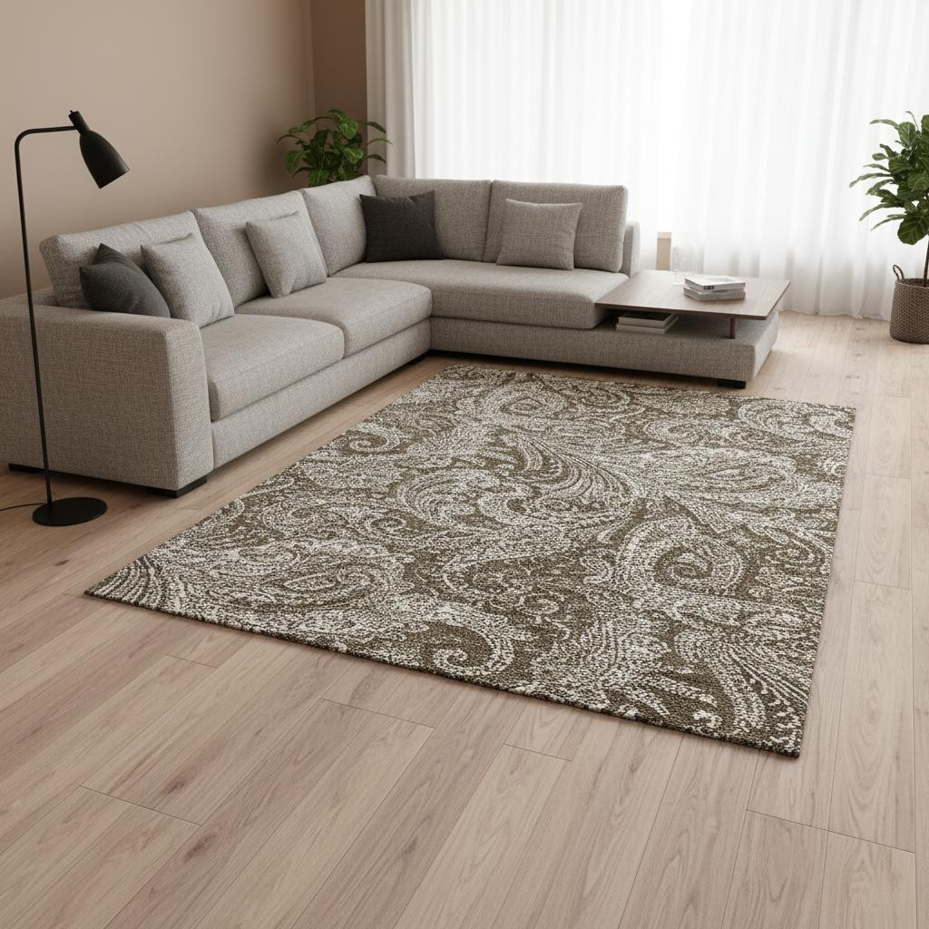 654649 9 x 12 ft. Chocolate & Ivory Paisley Washable Machine Made Rectangle Area Rug with UV Protection