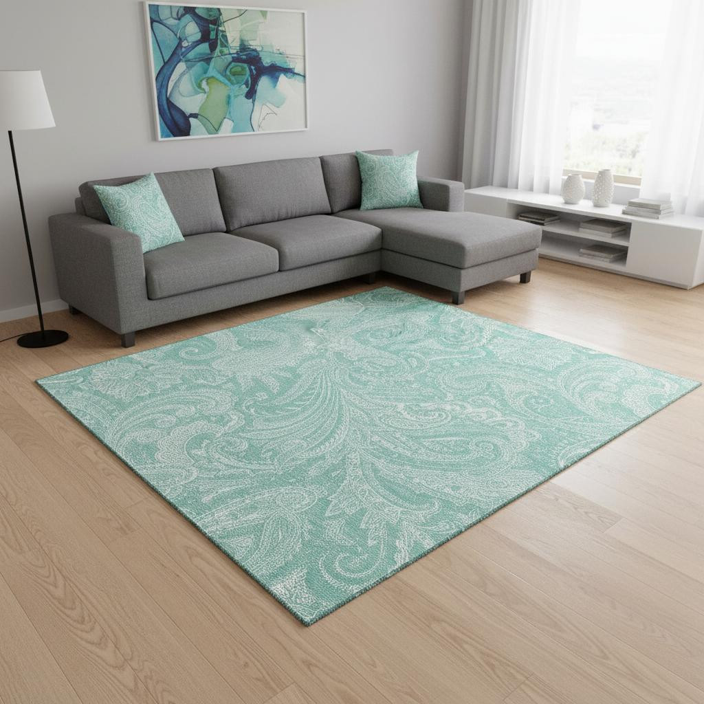 654678 8 x 10 ft. Teal & Ivory Paisley Washable Machine Made Rectangle Area Rug with UV Protection