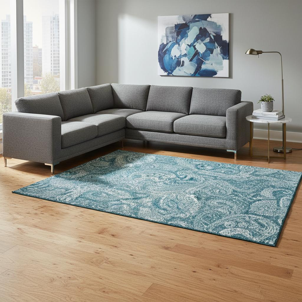 654692 10 x 14 ft. Turquoise & Ivory Paisley Transitional Washable Machine Made Rectangle Area Rug with UV Protection