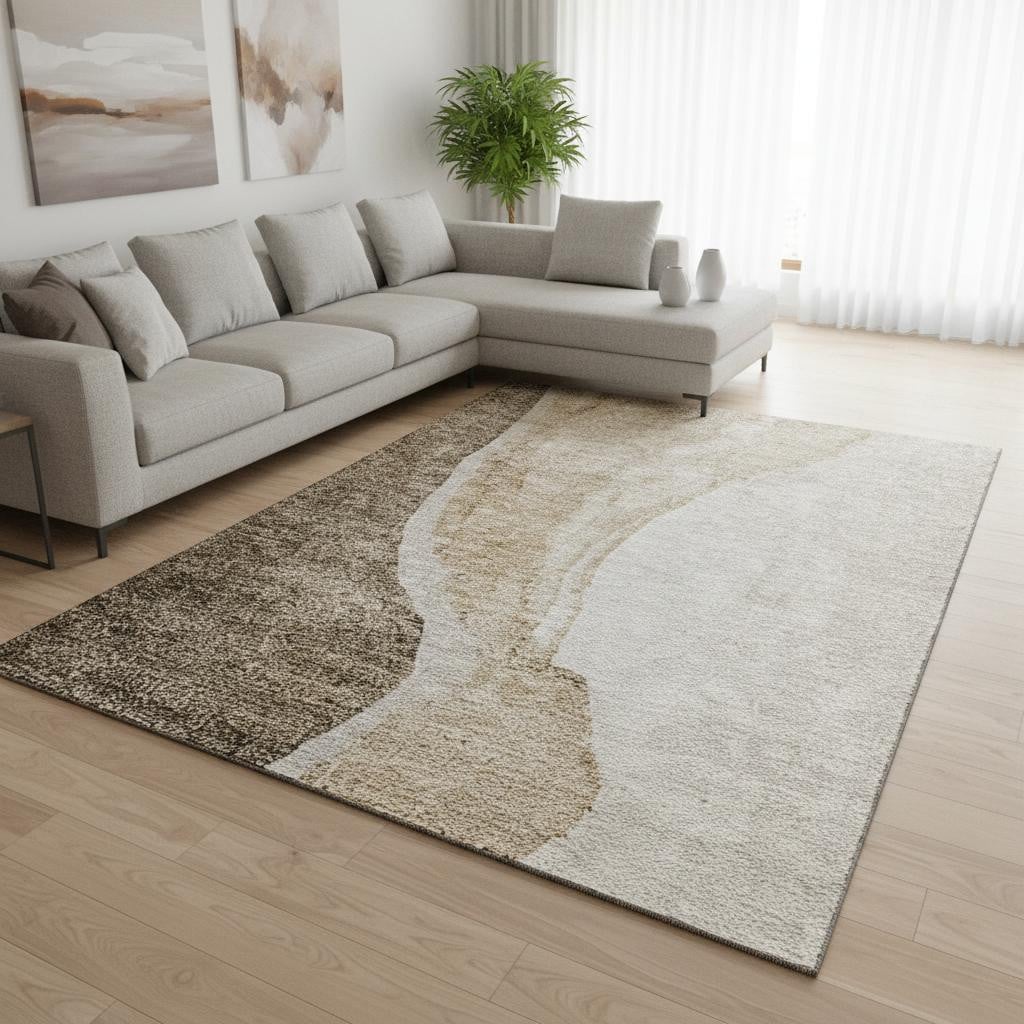 655306 10 x 14 ft. Brown & Ivory Abstract Transitional Washable Machine Made Rectangle Area Rug with UV Protection