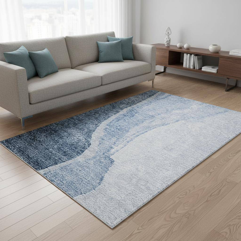 655308 5 x 8 ft. Blue & Ivory Abstract Transitional Washable Machine Made Rectangle Area Rug with UV Protection
