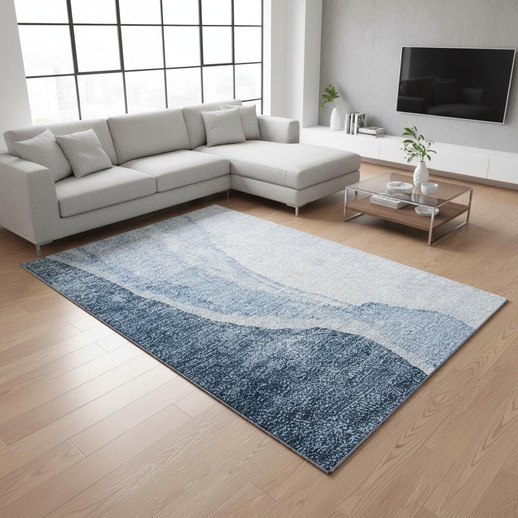 655312 10 x 14 ft. Blue & Ivory Abstract Transitional Washable Machine Made Rectangle Area Rug with UV Protection