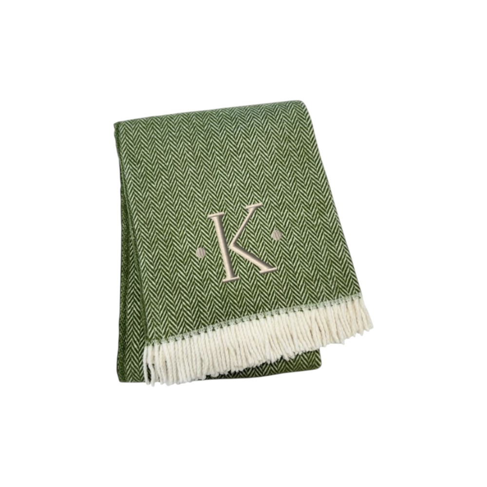 680594 70 x 55 x 0.50 in. Moss Green & White Herringbone Cotton Blend K Initial Throw Blanket with Tassels & Embroidery