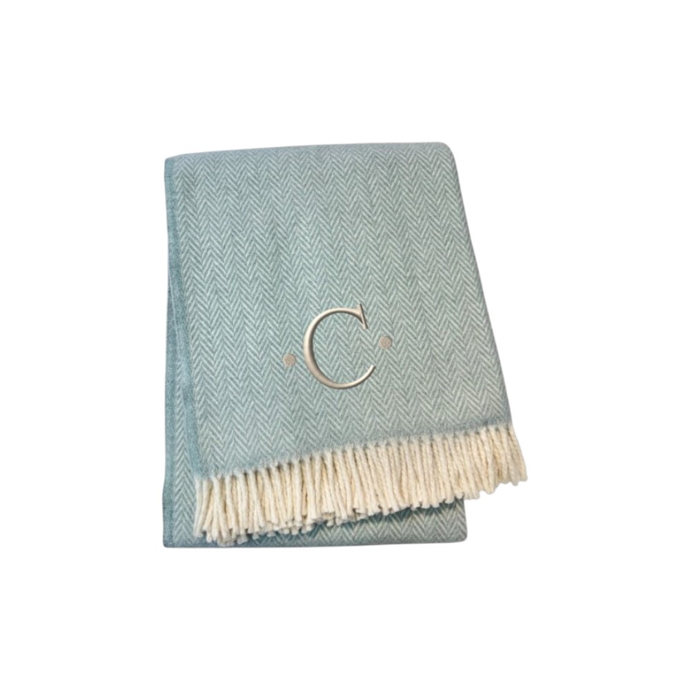 680587 70 x 55 x 0.50 in. Sky Blue & White Herringbone Cotton Blend C Initial Throw Blanket with Tassels & Embroidery