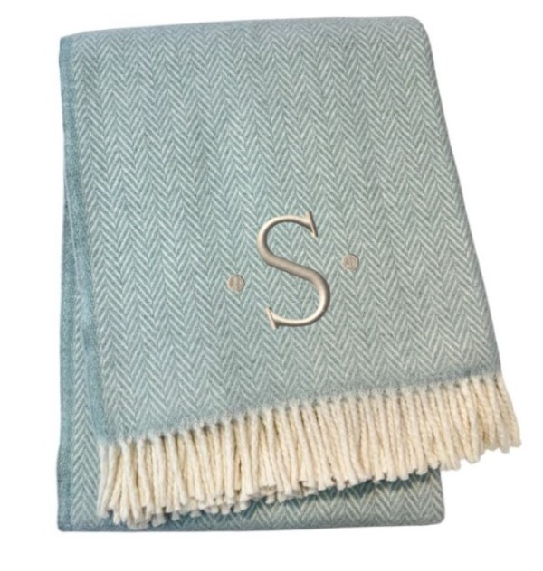 680584 70 x 55 x 0.50 in. Sky Blue & White Herringbone Cotton Blend S Initial Throw Blanket with Tassels & Embroidery