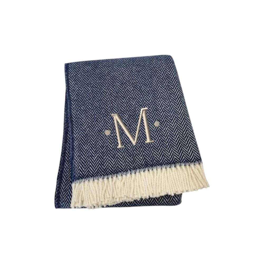 680219 70 x 55 x 0.50 in. Navy Blue & White Herringbone Cotton Blend M Initial Throw Blanket with Tassels & Embroidery