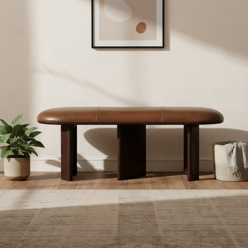 694828 18 x 48 x 16 in. Brown Genuine Leather & Solid Wood Upholstered Bench