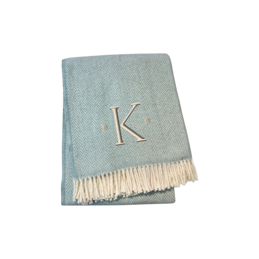680588 70 x 55 x 0.50 in. Sky Blue & White Herringbone Cotton Blend K Initial Throw Blanket with Tassels & Embroidery