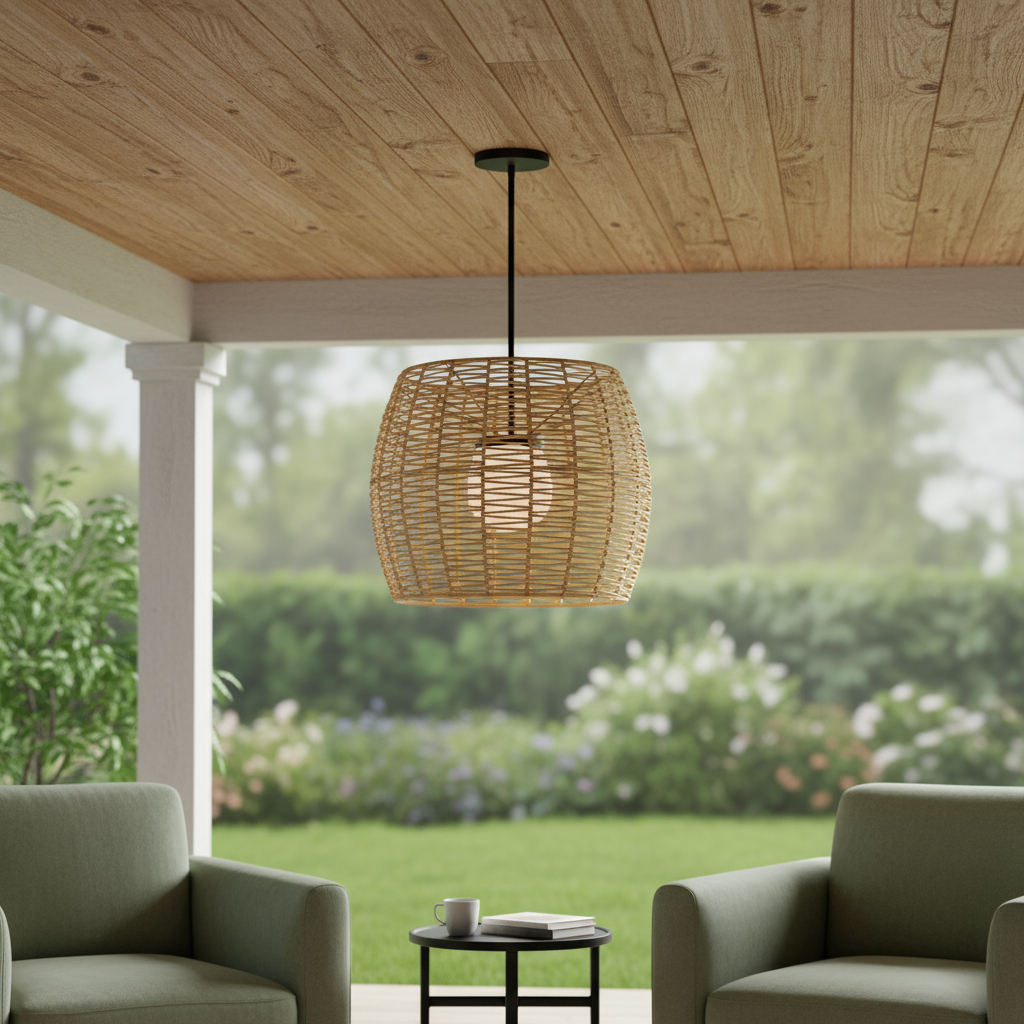 683475 Natural & Black Rattan & Metal LED Dimmable Barrel Outdoor Hanging Pendant Light