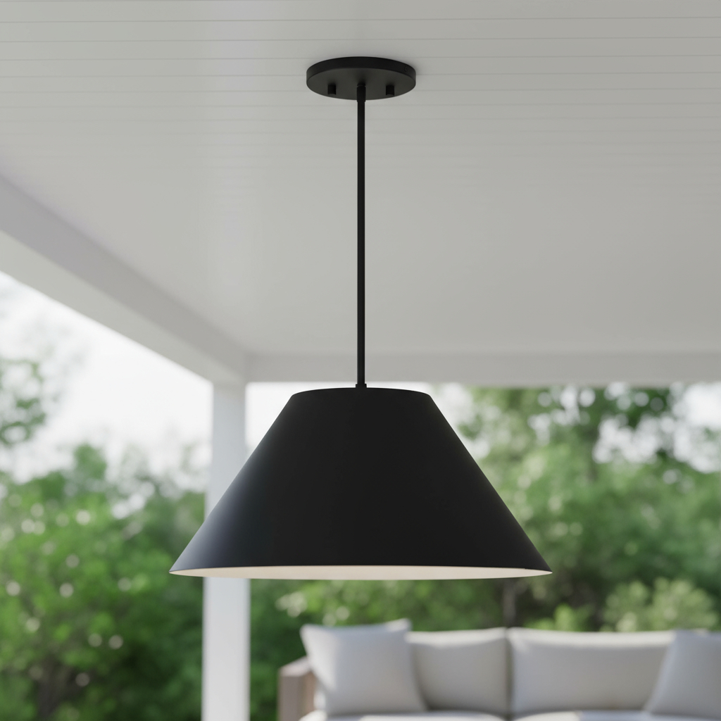 683469 22 in. Black Aluminum Cone LED Dimmable Outdoor Pendant Hanging Light