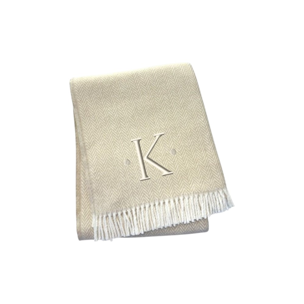 680606 70 x 55 x 0.50 in. Linen & White Herringbone Cotton Blend K Initial Throw Blanket with Tassels & Embroidery