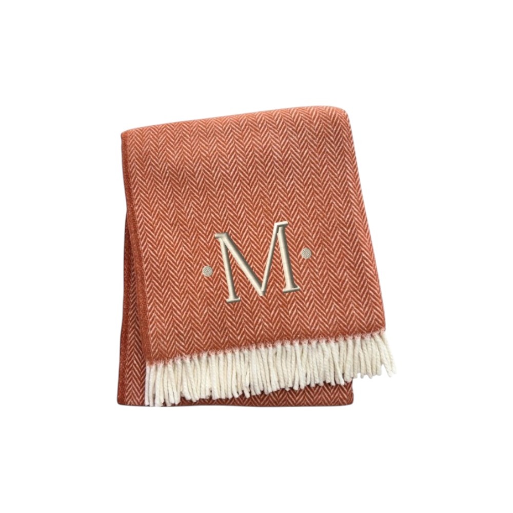 680597 70 x 55 x 0.50 in. Terra Cotta & White Herringbone Cotton Blend M Initial Throw Blanket with Tassels & Embroidery