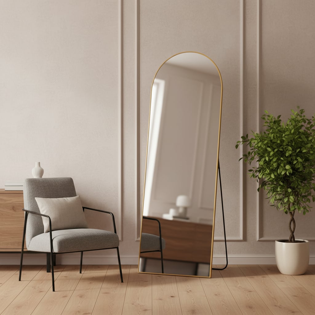 691639 69 in. Gold Arch Freestanding Framed Full Length Mirror