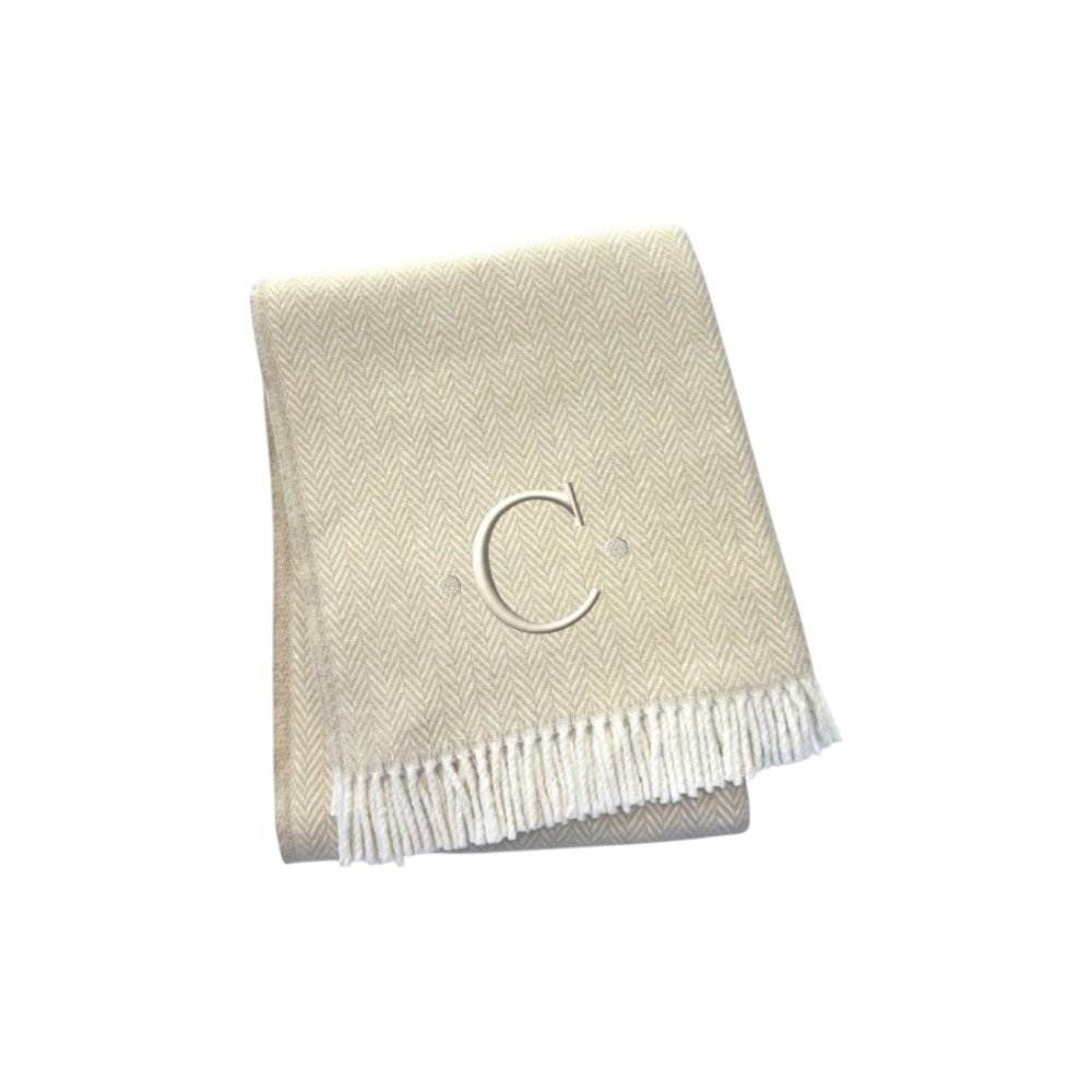 680605 70 x 55 x 0.50 in. Linen & White Herringbone Cotton Blend C Initial Throw Blanket with Tassels & Embroidery