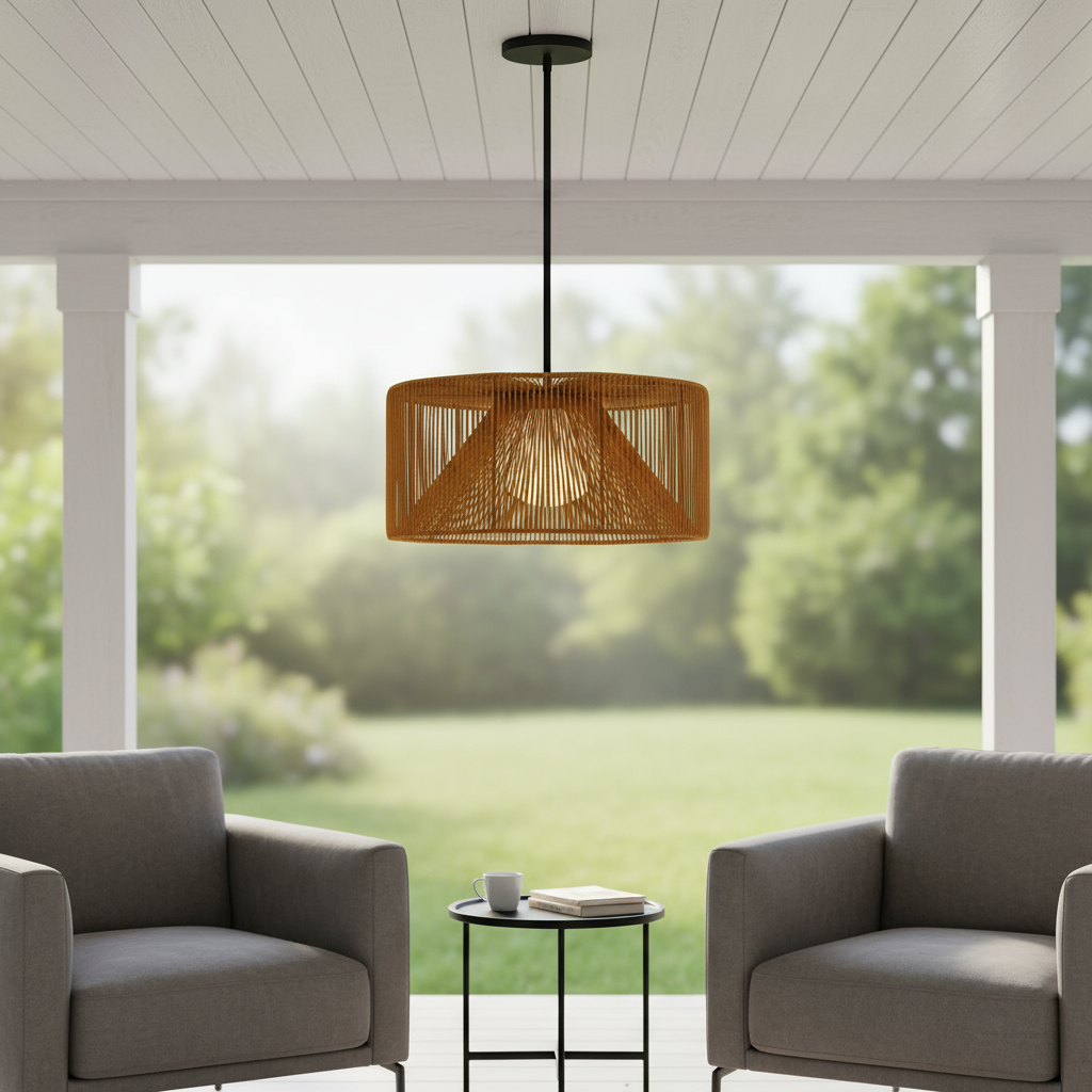 683473 Natural & Black Rattan String & Metal LED Dimmable Outdoor Hanging Pendant Light