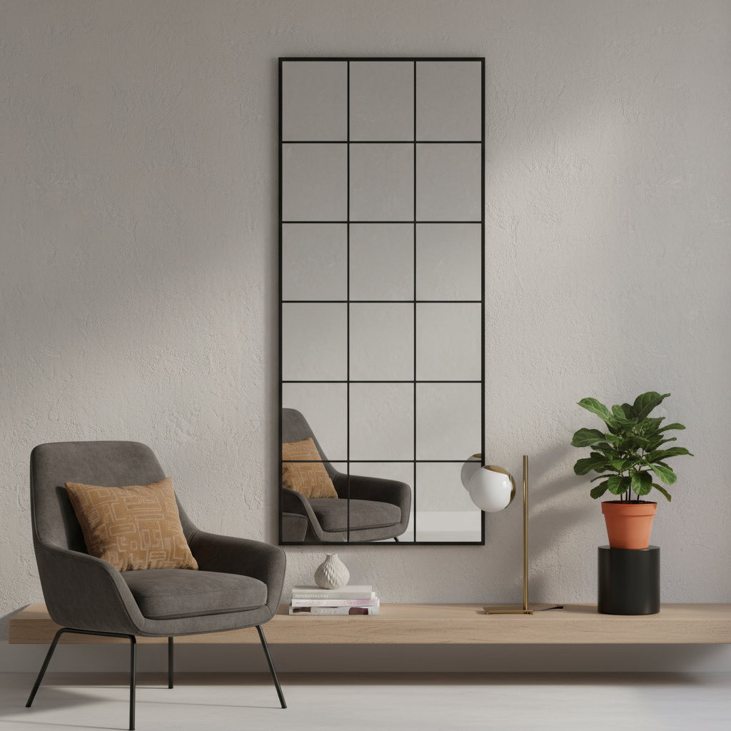 691642 69 in. Black Metal Windowpane Framed Full Length Mirror