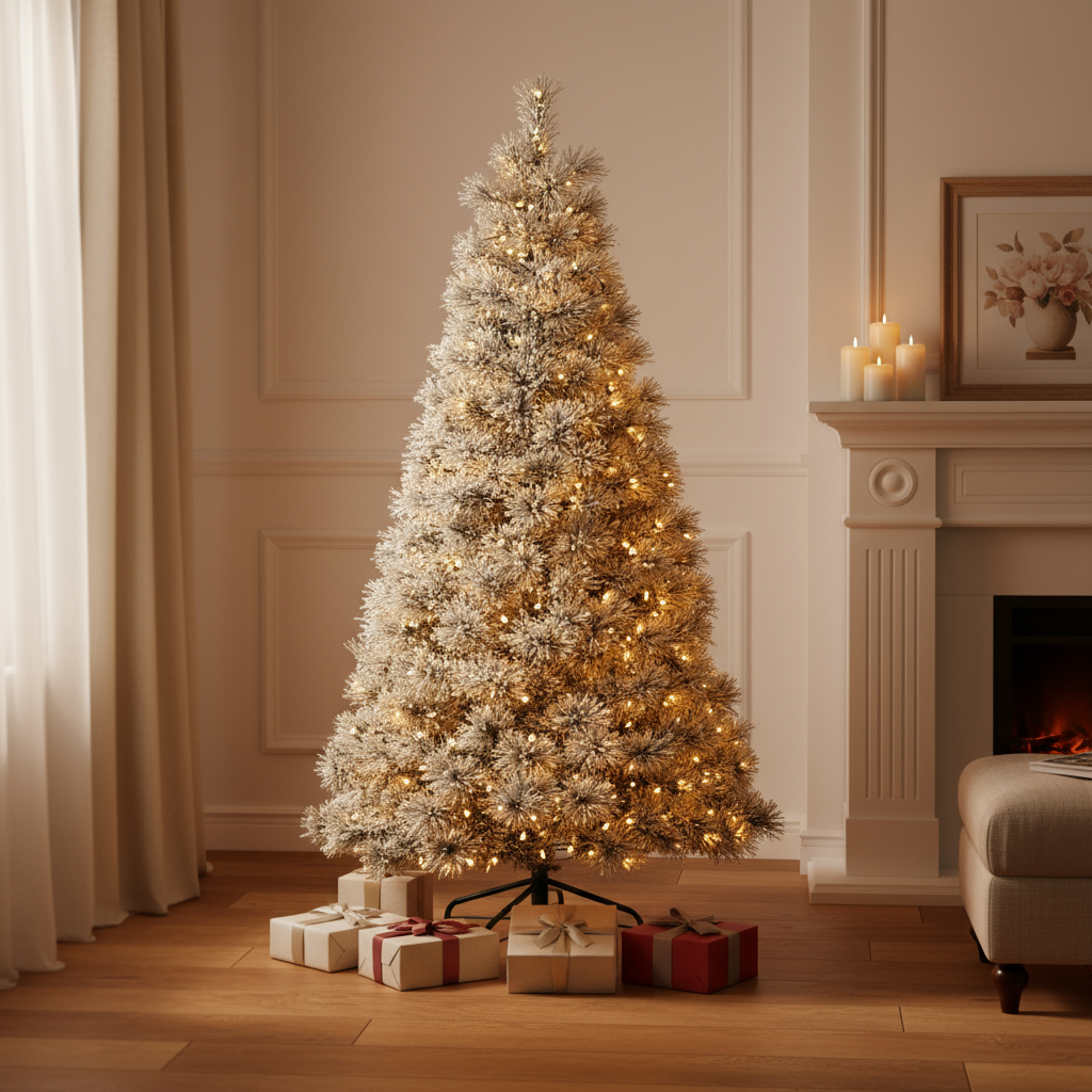 693414 9 ft. White Pre Lit Full Flocked Spruce Christmas Tree