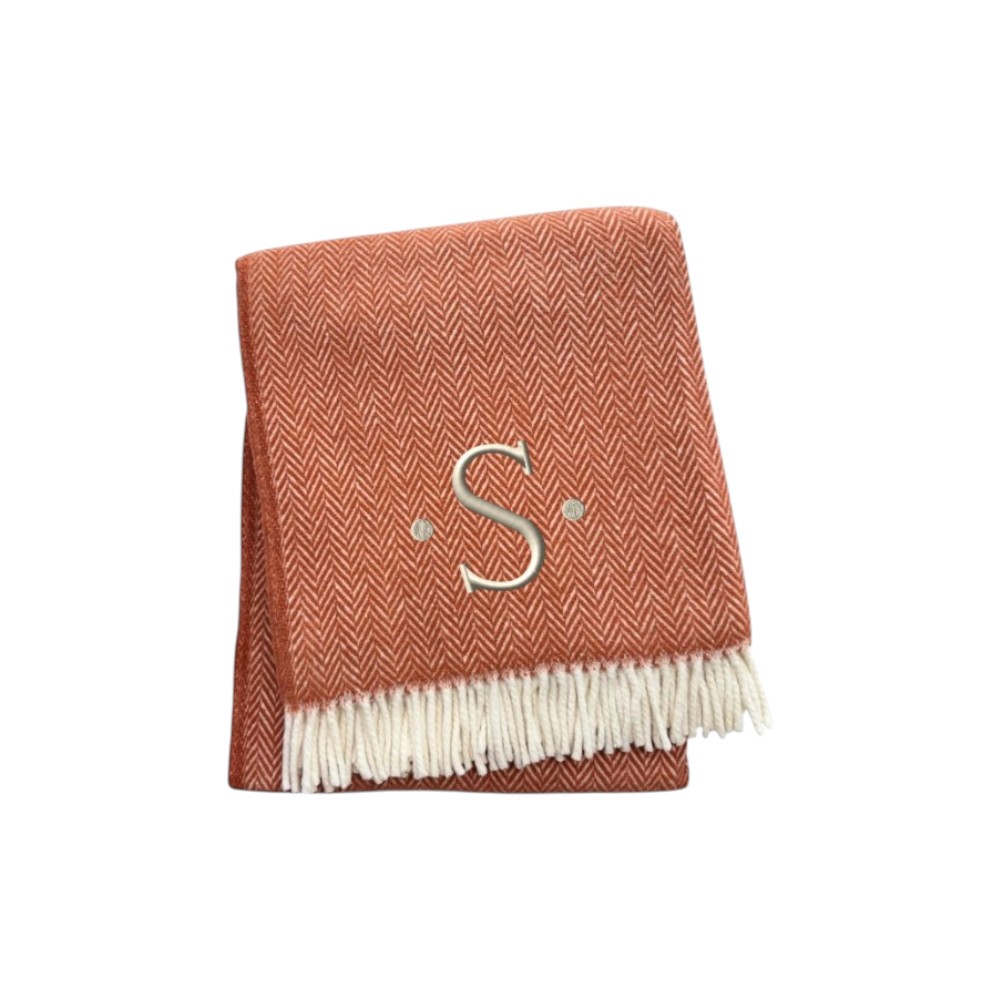680596 70 x 55 x 0.50 in. Terra Cotta & White Herringbone Cotton Blend S Initial Throw Blanket with Tassels & Embroidery