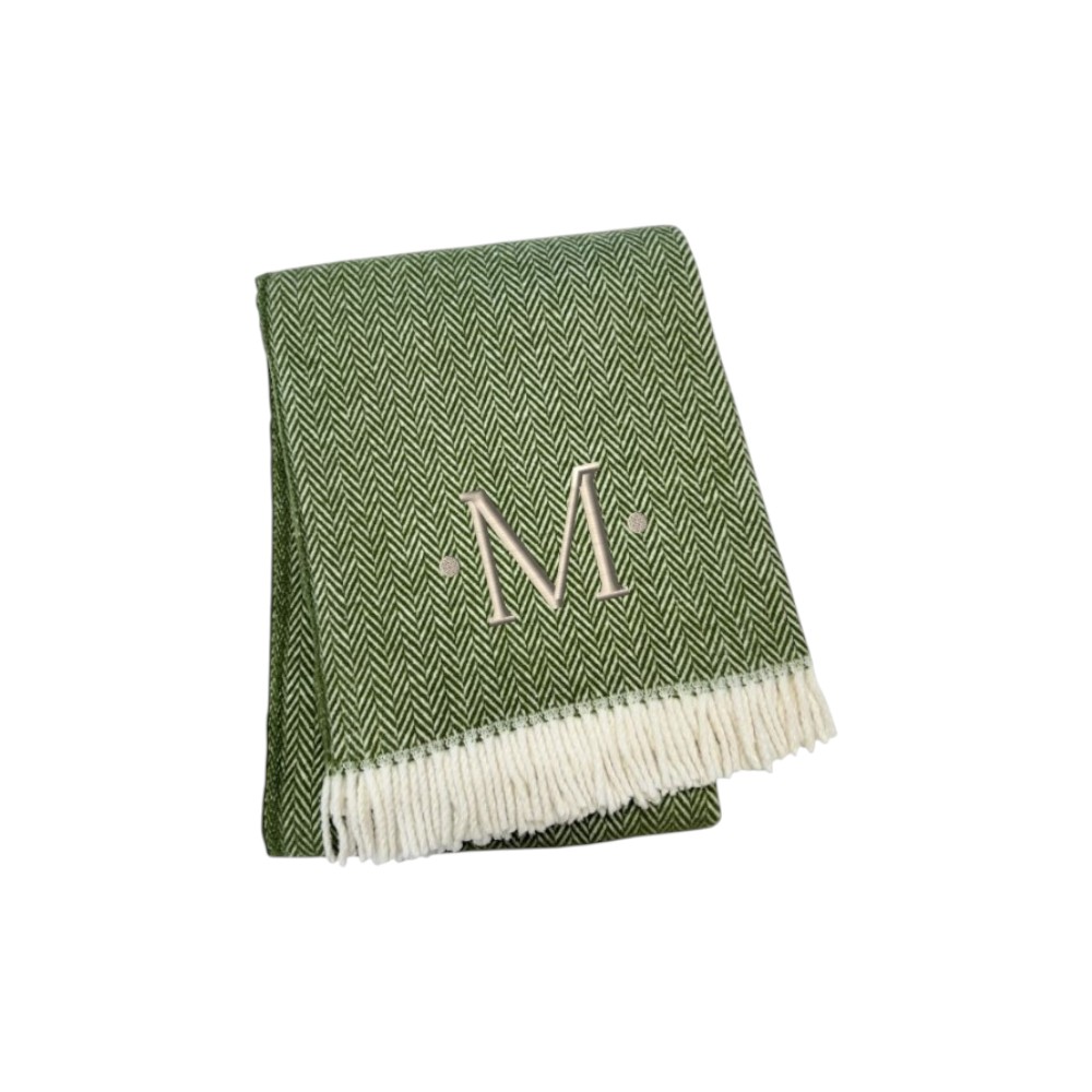 680591 70 x 55 x 0.50 in. Moss Green & White Herringbone Cotton Blend M Initial Throw Blanket with Tassels & Embroidery