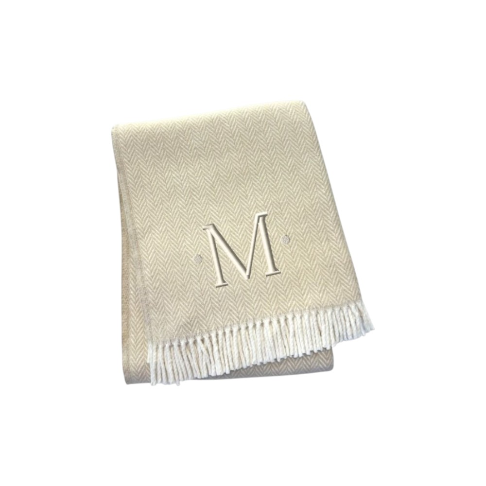 680603 70 x 55 x 0.50 in. Linen & White Herringbone Cotton Blend M Initial Throw Blanket with Tassels & Embroidery