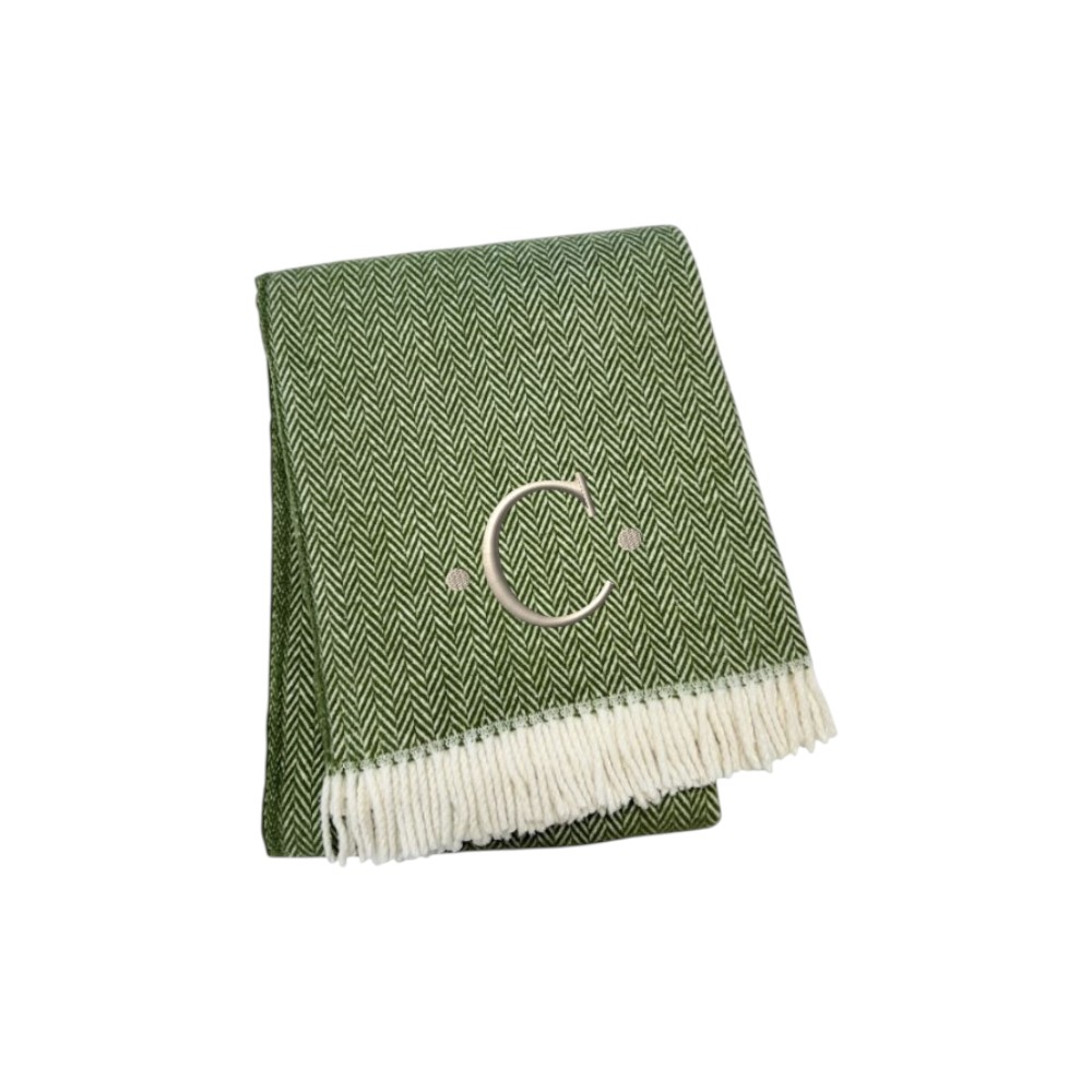 680593 70 x 55 x 0.50 in. Moss Green & White Herringbone Cotton Blend C Initial Throw Blanket with Tassels & Embroidery