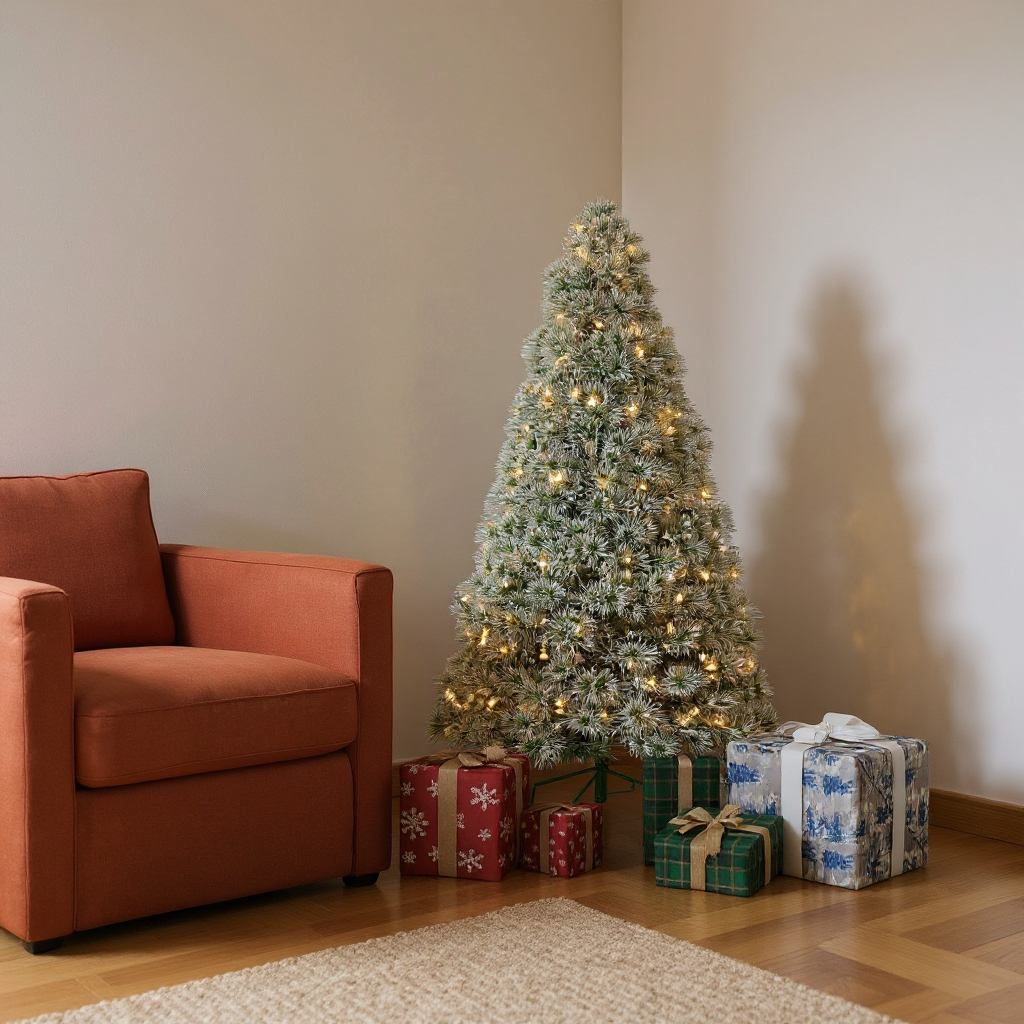 693411 4.5 ft. White Pre Lit Full Flocked Spruce Christmas Tree