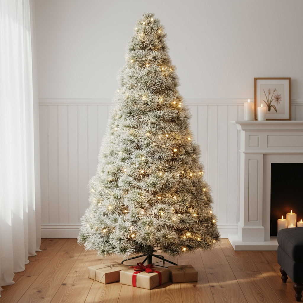 693413 7.5 ft. White Pre Lit Full Flocked Spruce Christmas Tree