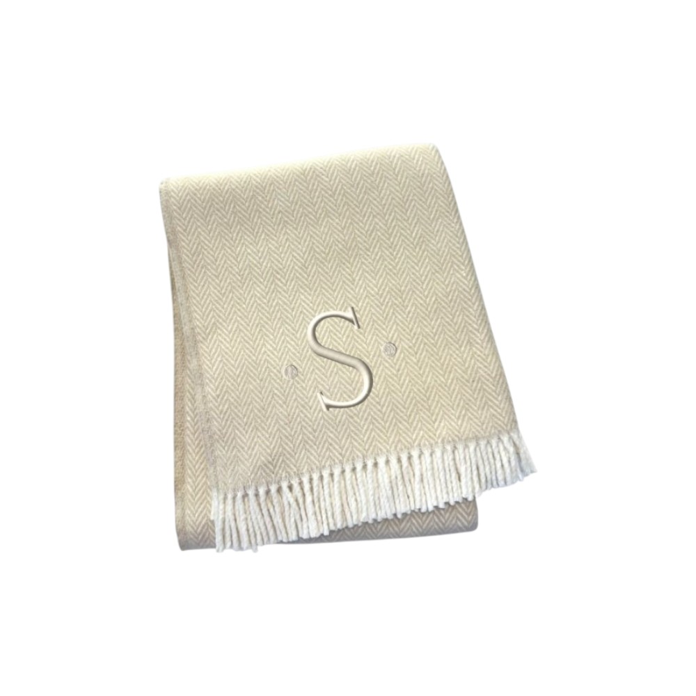 680602 70 x 55 x 0.50 in. Linen & White Herringbone Cotton Blend S Initial Throw Blanket with Tassels & Embroidery