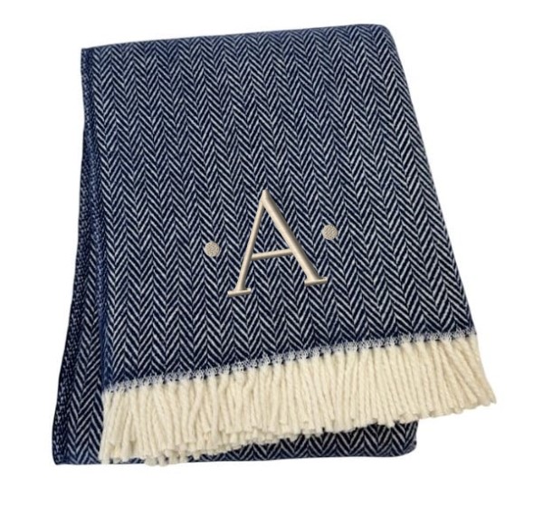 680220 70 x 55 x 0.50 in. Navy Blue & White Herringbone Cotton Blend A Initial Throw Blanket with Tassels & Embroidery
