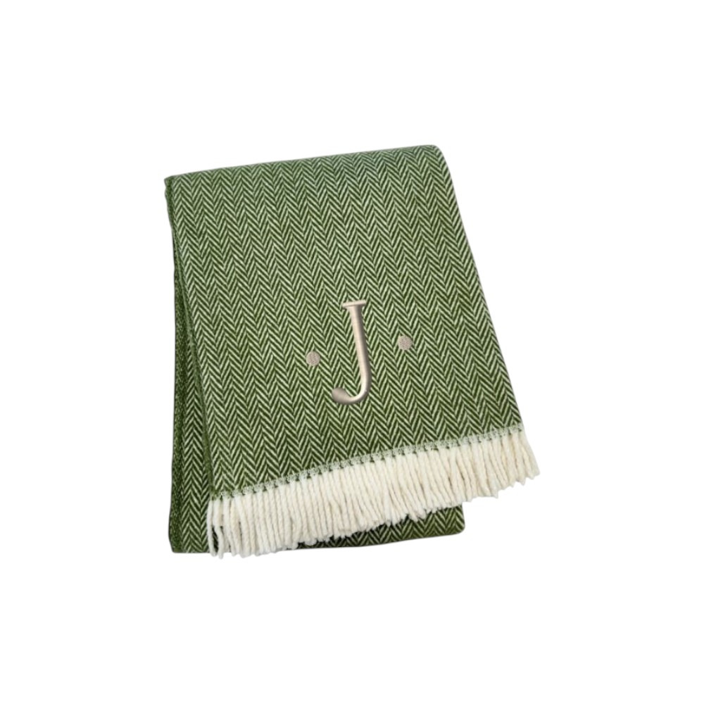 680595 70 x 55 x 0.50 in. Moss Green & White Herringbone Cotton Blend J Throw Blanket with Tassels & Embroidery
