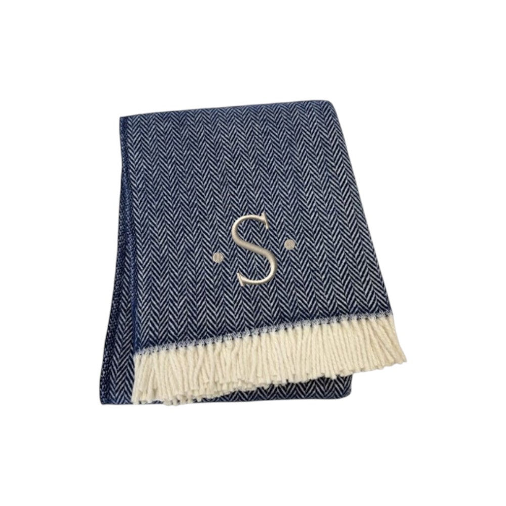680218 70 x 55 x 0.50 in. Navy Blue & White Herringbone Cotton Blend S Initial Throw Blanket with Tassels & Embroidery