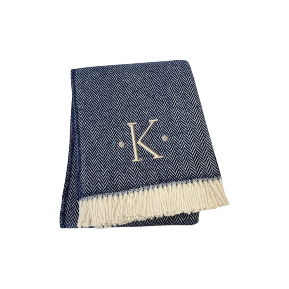 680222 70 x 55 x 0.50 in. Navy Blue & White Herringbone Cotton Blend K Initial Throw Blanket with Tassels & Embroidery