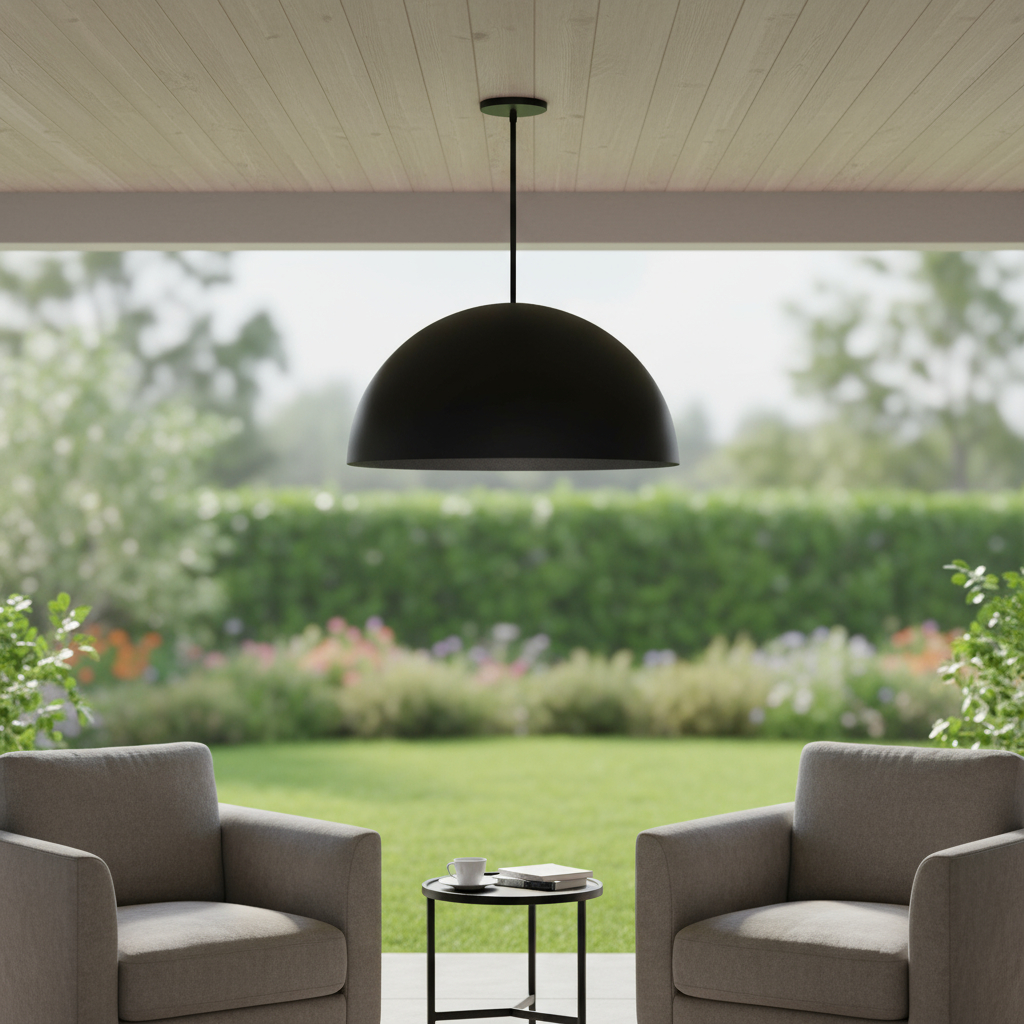 683472 32 in. Black Aluminum Dome LED Dimmable Outdoor Pendant Hanging Light