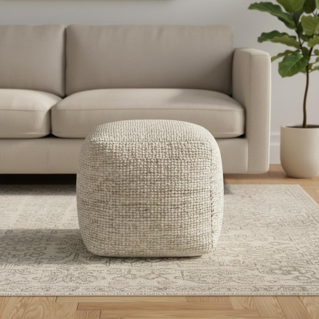 710431 18 in. Ivory Cotton Wool & Jute Striped Pouf Ottoman
