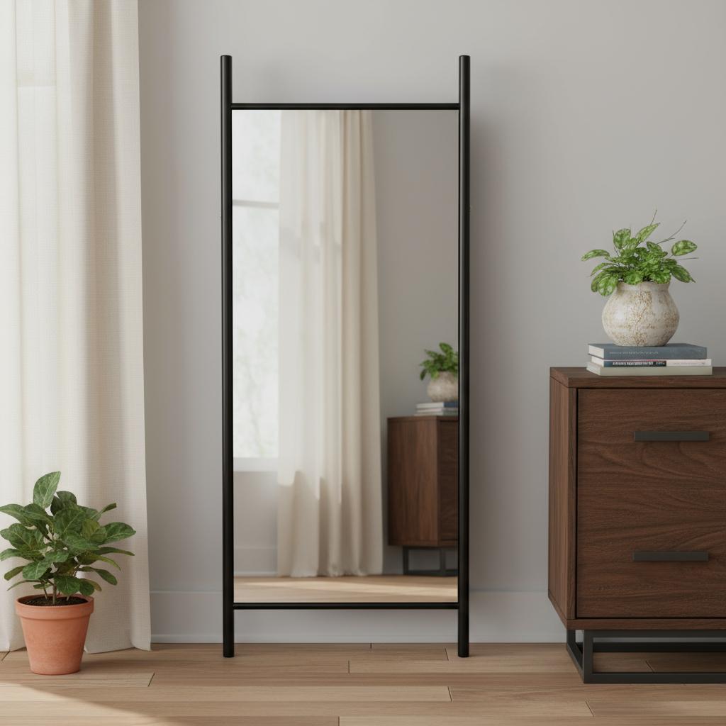 708729 71 in. Black Wood Leaning Ladder Framed Full Length Mirror