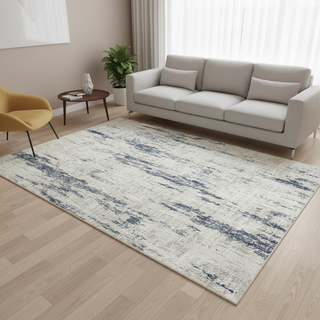 701250 5 x 7 ft. Ivory & Slate Blue Abstract Washable Rectangle Area Rug