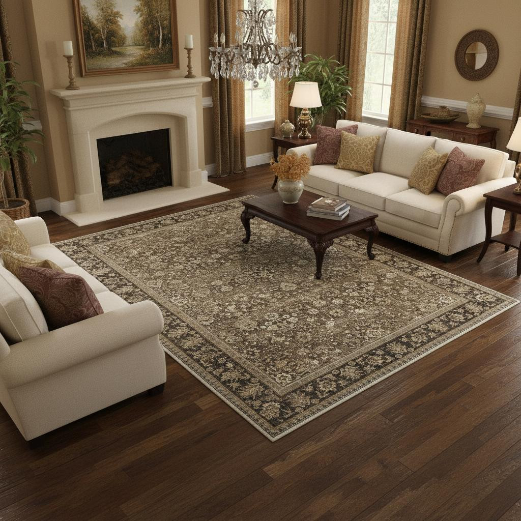 701237 8 x 10 ft. Brown Ivory & Tan Floral Medallion Washable Rectangle Area Rug