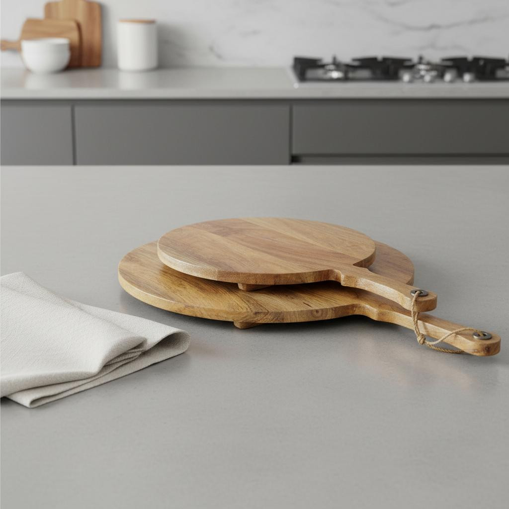 Picture of HomeRoots 609083 Natural Solid Wood Handmade Round Serve Boards with Handles, Set of 2