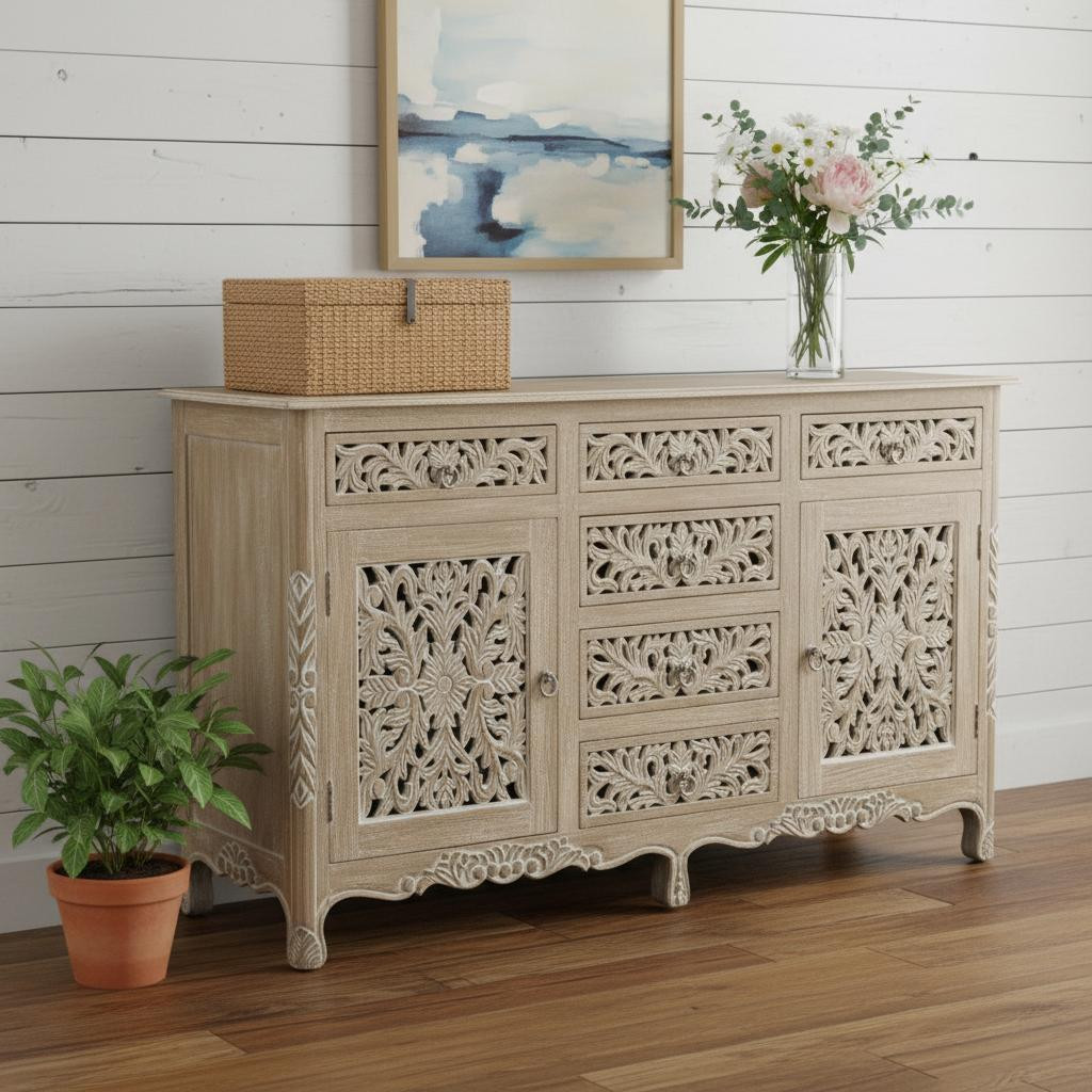 521379 66 in. Gray Distressed Solid Wood Carved Floral Six Drawer Sideboard with Two Doors